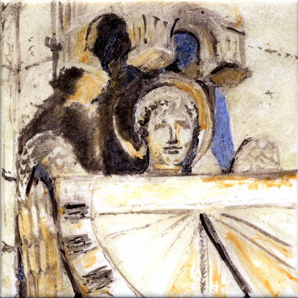 Chartres,cathédrale, l' ange au cadran, grisaille, émaux sur faience de  Bosselin peintre verrier normand et fécampois, Normandie, pays de caux, côte d' Albatre 