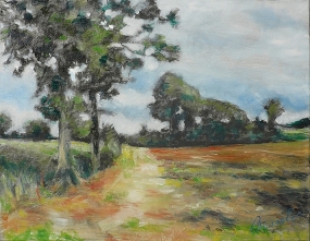 chemin en Mayenne,  huile sur toile de Bosselin peintre verrier à Fécamp, Normandie, pays de caux, côte d' Albatre