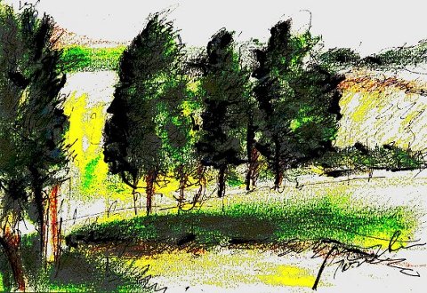 les bois d'Hallencourt,Somme, technique mixte sur papier, de Bosselin peintre verrier à Fécamp, Normandie, pays de caux, côte d' Albatre