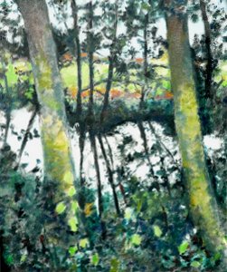  les rives de l' Oudon en Mayenne,huile sur toile de Bosselin peintre verrier à Fécamp, Normandie, pays de caux, côte d' Albatre