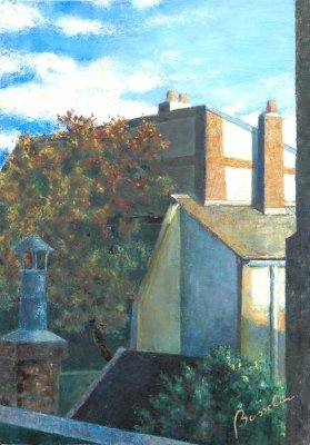Fecamp,quartier mer le matin au lever du soleil, huile sur toile de Bosselin peintre verrier normand et fécampois, Normandie, pays de caux, côte d' Albatre