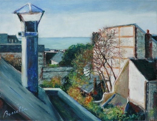 Fecamp, vue des toits quartier mer, huile sur toile de Bosselin peintre verrier normand et fécampois, Normandie, pays de caux, côte d' Albatre