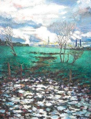 vue sur Gonfreville, huile sur toile de Bosselin peintre verrier à Fécamp, Normandie, pays de caux, côte d' Albatre