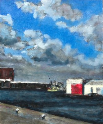 le Havre, hangar, huile sur toile  de Bosselin peintre verrier à Fécamp, Normandie, pays de caux, côte d' Albatre