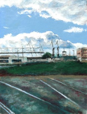 le Havre, les rails,friche industrielle, huile sur toile de Bosselin peintre verrier à Fécamp, Normandie, pays de caux, côte d' Albatre