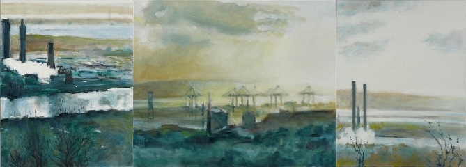 vue sur triptyque de l' Orcher, huiles sur toile de Bosselin peintre verrier à Fécamp, Normandie, pays de caux, côte d' Albatre