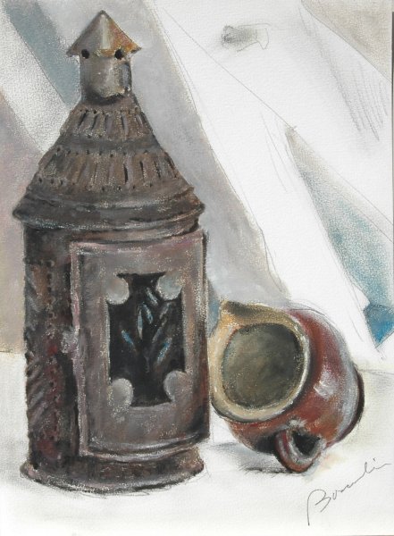 lanterne et pot normands, technique mixte sur papier de Bosselin peintre verrier normand et fécampois, Normandie, pays de caux, côte d' Albatre