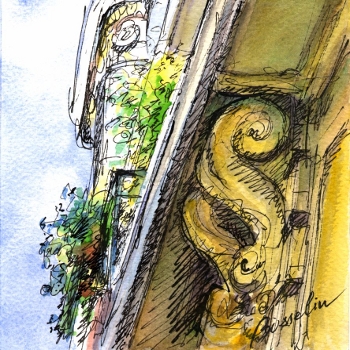 Paris,volute de balcon, technique mixte de Bosselin peintre verrier normand et fécampois, Normandie, pays de caux, côte d' Albatre