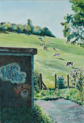 Fécamp,bois du Val Robert, batiment taggué et vaches, huile sur toile de Bosselin peintre verrier normand et fécampois, Normandie, pays de caux, côte d' Albatre 