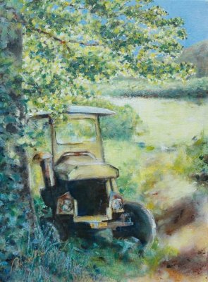 vieux tracteur dans les champs (épave), à Valmont près de Fécamp, huile sur papier de Bosselin peintre verrier normand et fécampois, Normandie, pays de caux, côte d' Albatre