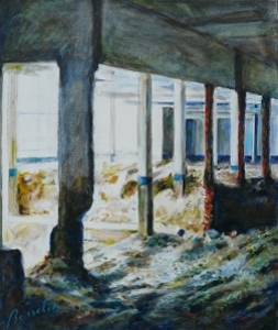 futur musée des pêcheries de Fécamp (la Morue Normande),friche industrielle, acrylique sur toile, de Bosselin peintre verrier normand et fécampois, Normandie, pays de caux, côte d' Albatre