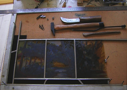 table de montage dans mon atelier, baguettes de plomb