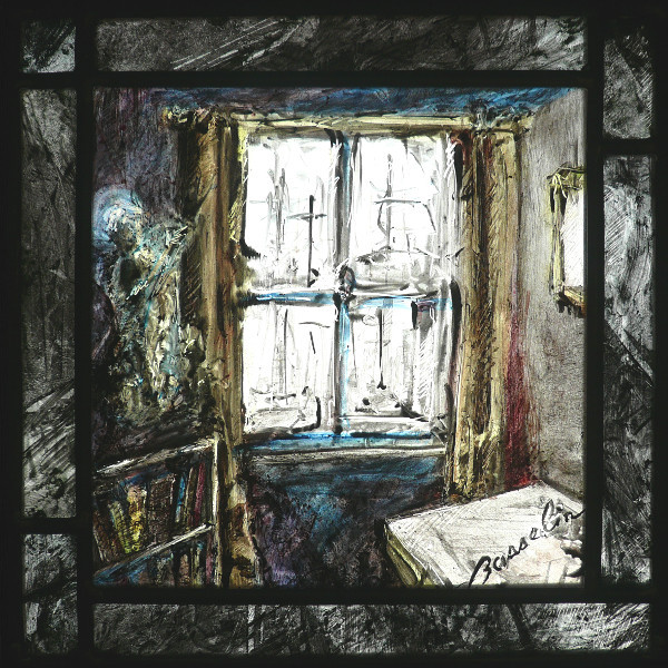 le combat interieur, vitrail (stained glass) de Bosselin peintre verrier à Fécamp, Normandie, pays de caux, côte d' Albatre