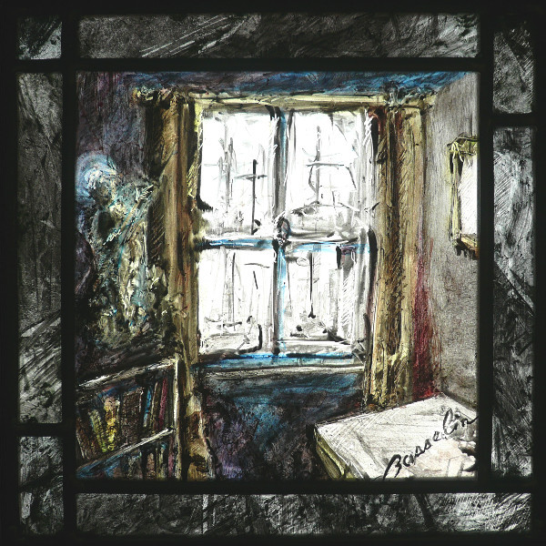 le combat interieur, vitrail (stained glass) de Bosselin peintre verrier à Fécamp, Normandie, pays de caux, côte d' Albatre