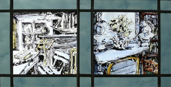 composition enfance normande (Bois guillaume, Sassetot le Mauconduit), vitrail (stained glass) de Bosselin peintre verrier à Fécamp, Normandie, pays de caux, côte d' Albatre