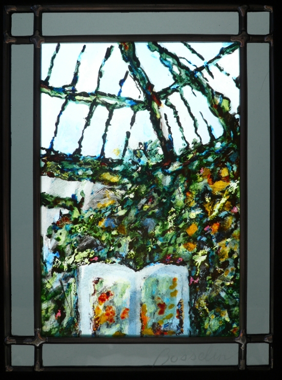 dans la serre, vitrail (stained glass) de Bosselin peintre verrier à Fécamp, Normandie, pays de caux, côte d' Albatre.Oeuvre exposée au Salon du Livre Ancien, Grand Palais
