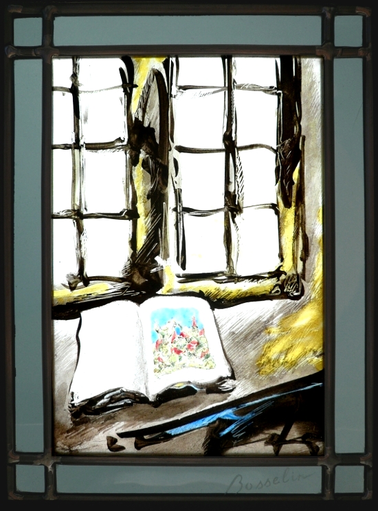 la planche, vitrail (stained glass) de Bosselin peintre verrier à Fécamp, Normandie, pays de caux, côte d' Albatre.Oeuvre exposée au Salon du Livre Ancien, Grand Palais