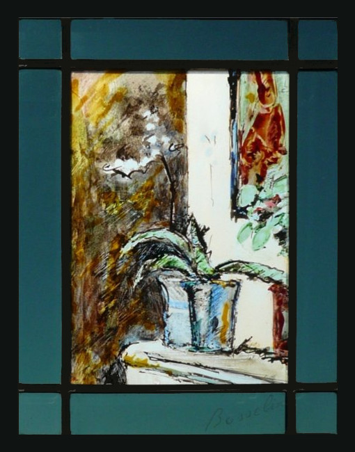 Fécamp,l' orchidée sur la cheminée, vitrail (stained glass) de Bosselin peintre verrier normand et fécampois, Normandie, pays de caux, côte d' Albatre