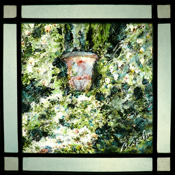 jardins du chateau de Daubeuf sur le plateau cauchois, vitrail (stained glass) de Bosselin peintre verrier à Fécamp, Normandie, pays de caux, côte d' Albatre