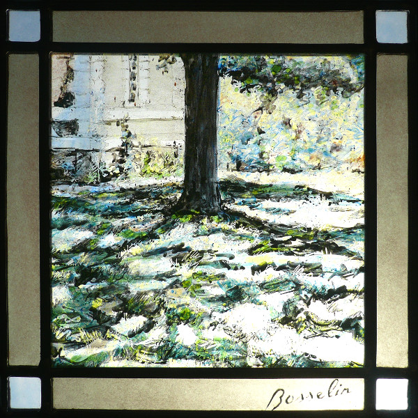 jardins du chateau de Daubeuf sur le plateau cauchois, vitrail (stained glass) de Bosselin peintre verrier à Fécamp, Normandie, pays de caux, côte d' Albatre