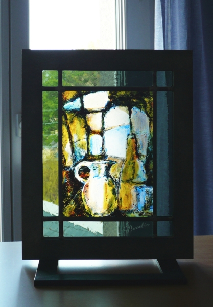 nature morte Jacques Huet,Fécamp, vitrail (stained glass) de Bosselin peintre verrier normand et fécampois, Normandie, pays de caux, côte d' Albatre