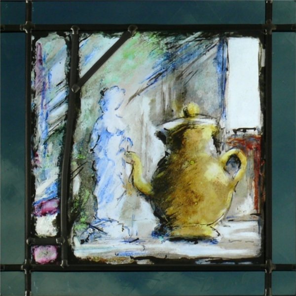 la cafetiere jaune et la venus d' Allegrain, vitrail (stained glass) de Bosselin peintre verrier à Fécamp, Normandie, pays de caux, côte d' Albatre