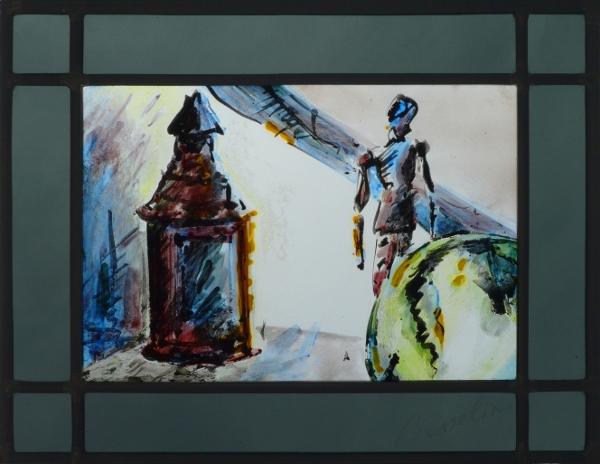  lanterne normande et pantin (ou mannequin), vitrail (stained glass) de Bosselin peintre verrier à Fécamp, Normandie, pays de caux, côte d' Albatre