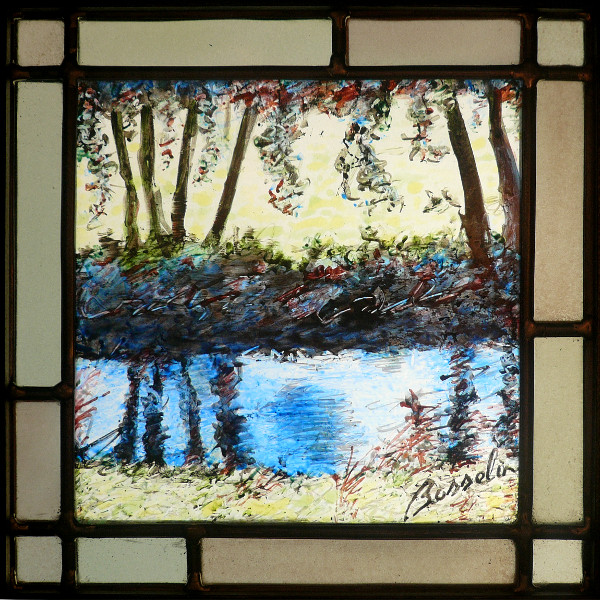 sous-bois en Mayenne, le long de la rivière Oudon, vitrail (stained glass) de Bosselin peintre verrier à Fécamp, Normandie, pays de caux, côte d' Albatre