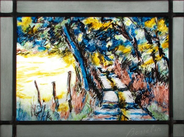 chemin creux près de la valleuse d' Eletôt,vitrail (stained glass) de Bosselin peintre verrier à Fécamp, Normandie, pays de caux, côte d' Albatre