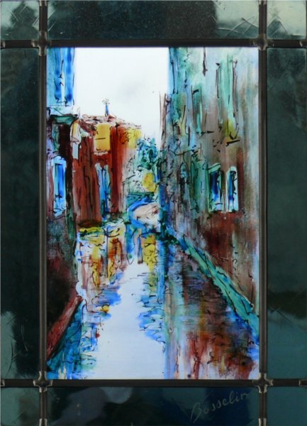 Venise,canal tera secundo II,vitrail (stained glass) de Bosselin peintre verrier à Fécamp, Normandie, pays de caux, côte d' Albatre