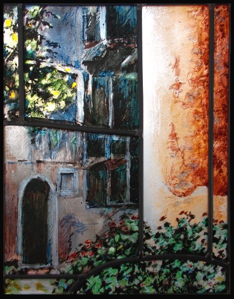 Venise,campo aux rose,vitrail (stained glass) de Bosselin peintre verrier à Fécamp, Normandie, pays de caux, côte d' Albatre