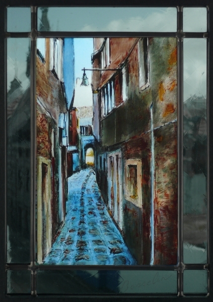 Venise,la ruelle bleue,vitrail (stained glass) de Bosselin peintre verrier à Fécamp, Normandie, pays de caux, côte d' Albatre