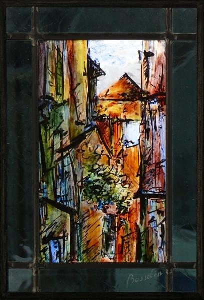 Venise,la ruelle ocre, vitrail (stained glass) de Bosselin peintre verrier à Fécamp, Normandie, pays de caux, côte d' Albatre