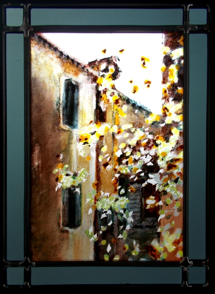 Venise,place dans le Ghetto,vitrail (stained glass) de Bosselin peintre verrier à Fécamp, Normandie, pays de caux, côte d' Albatre