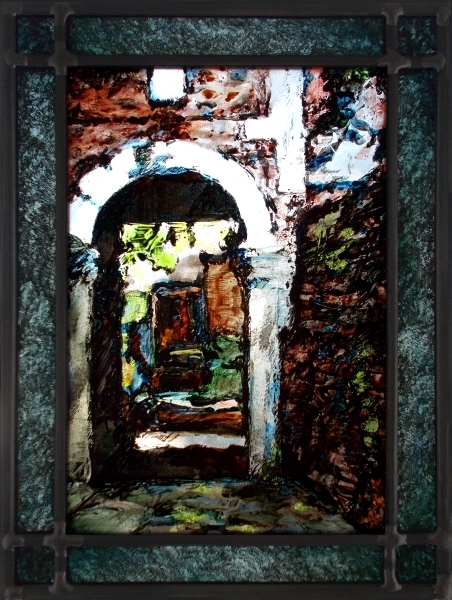 Venise,le porche ,vitrail (stained glass) de Bosselin peintre verrier à Fécamp, Normandie, pays de caux, côte d' Albatre